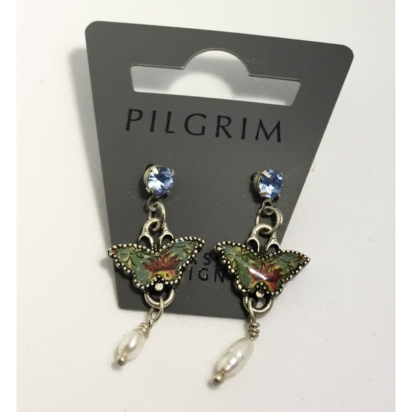 Boucles d'oreilles Pilgrim Papillon vert et strass bleu